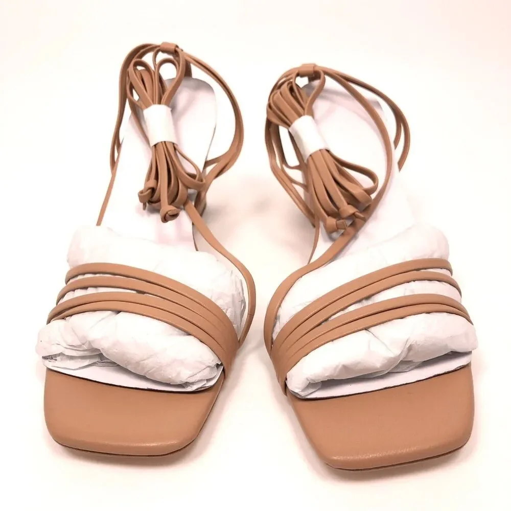 New OpBx Loeffler Randall Prisca Ankle Wrap Sandals Leather Strappy Dune Size 7